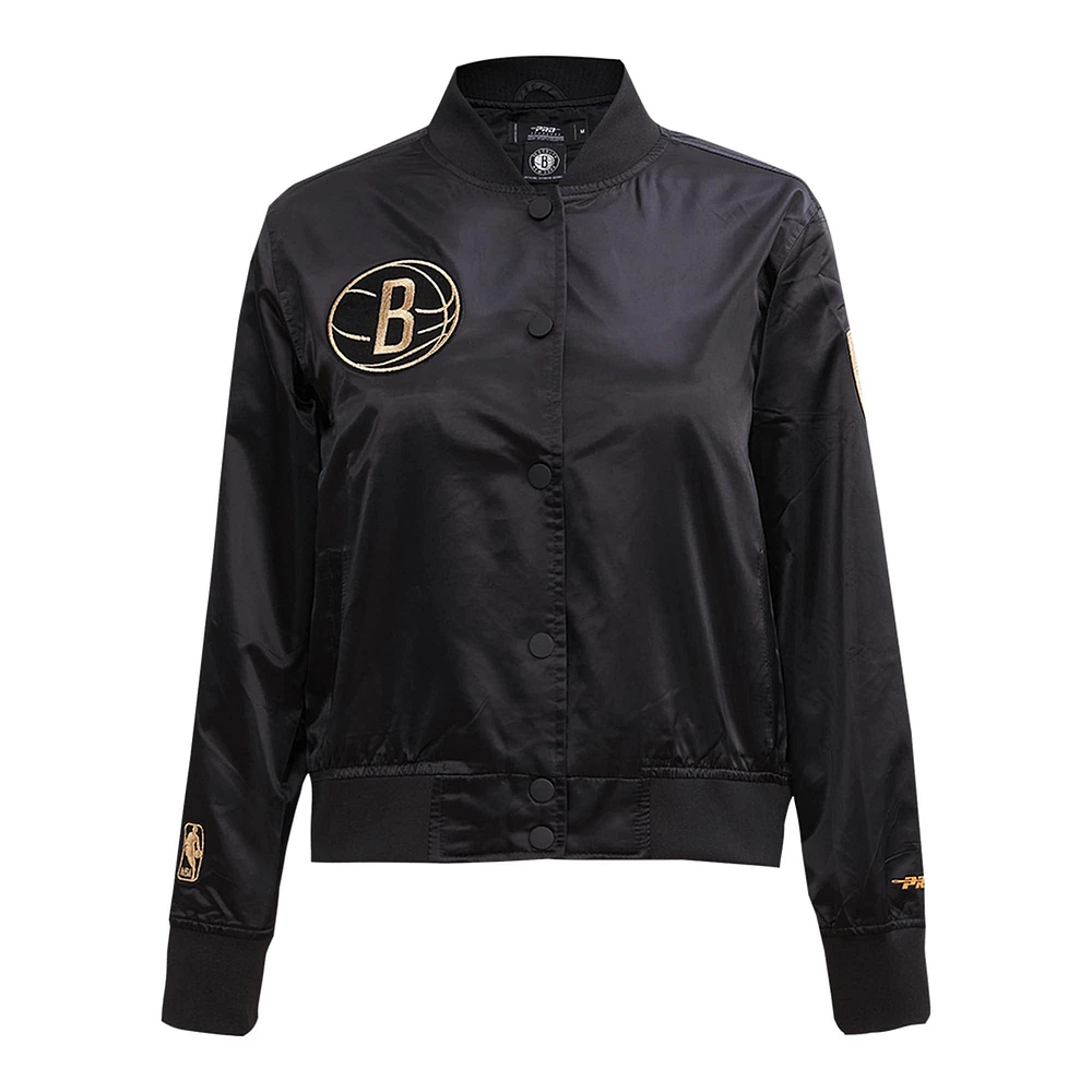 Women's Pro Standard Black Brooklyn Nets Glam Satin Full-Snap Varsity Jacket