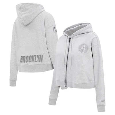 Sweat à capuche fermeture éclair triple ton sur Pro Standard pour femmes, gris chiné, Brooklyn Nets