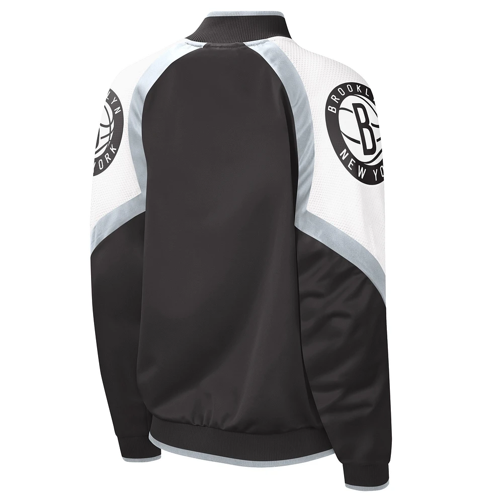 Women's Starter Black/Silver Brooklyn Nets Fan Girl Satin Raglan Full-Zip Jacket