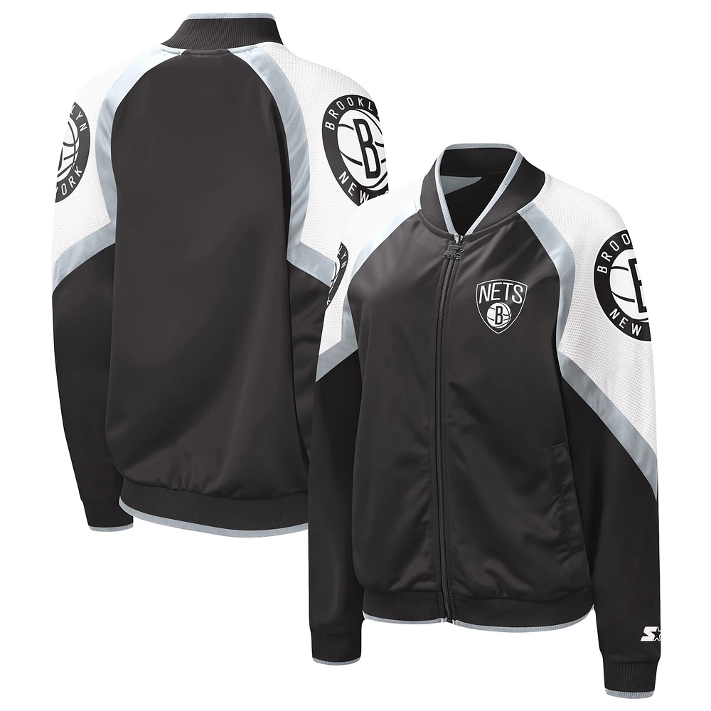 Veste pour femme Starter Black/Silver Brooklyn Nets Fan Girl Satin Raglan Full-Zip Jacket