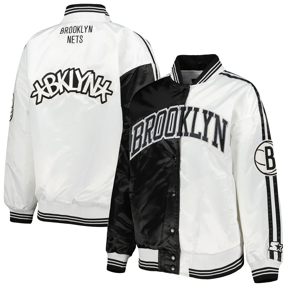 Veste universitaire Starter noire/blanche Brooklyn Nets Split Colorblock Satin Full-Snap Varsity pour femme