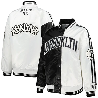 Veste universitaire Starter noire/blanche Brooklyn Nets Split Colorblock Satin Full-Snap Varsity pour femme