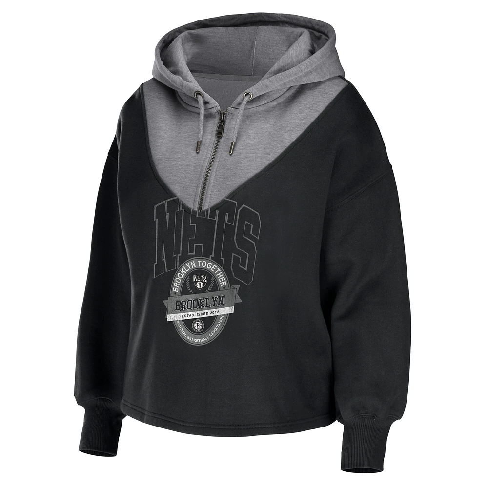 Women's WEAR by Erin Andrews Black Brooklyn Nets Pieced Quarter-Zip Hoodie Jacket