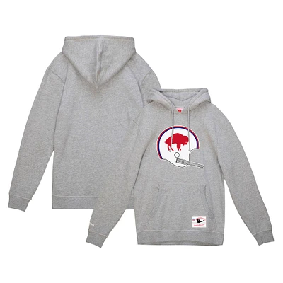 Men's Mitchell & Ness Heather Gray Buffalo Bills Helmet Logo Vintage Pullover Hoodie