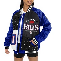 Women's Gameday Couture  Royal/Black Buffalo Bills Oversized Hot Shot Rhinestone Throwback Full-Snap Varsity Bomber Jacket