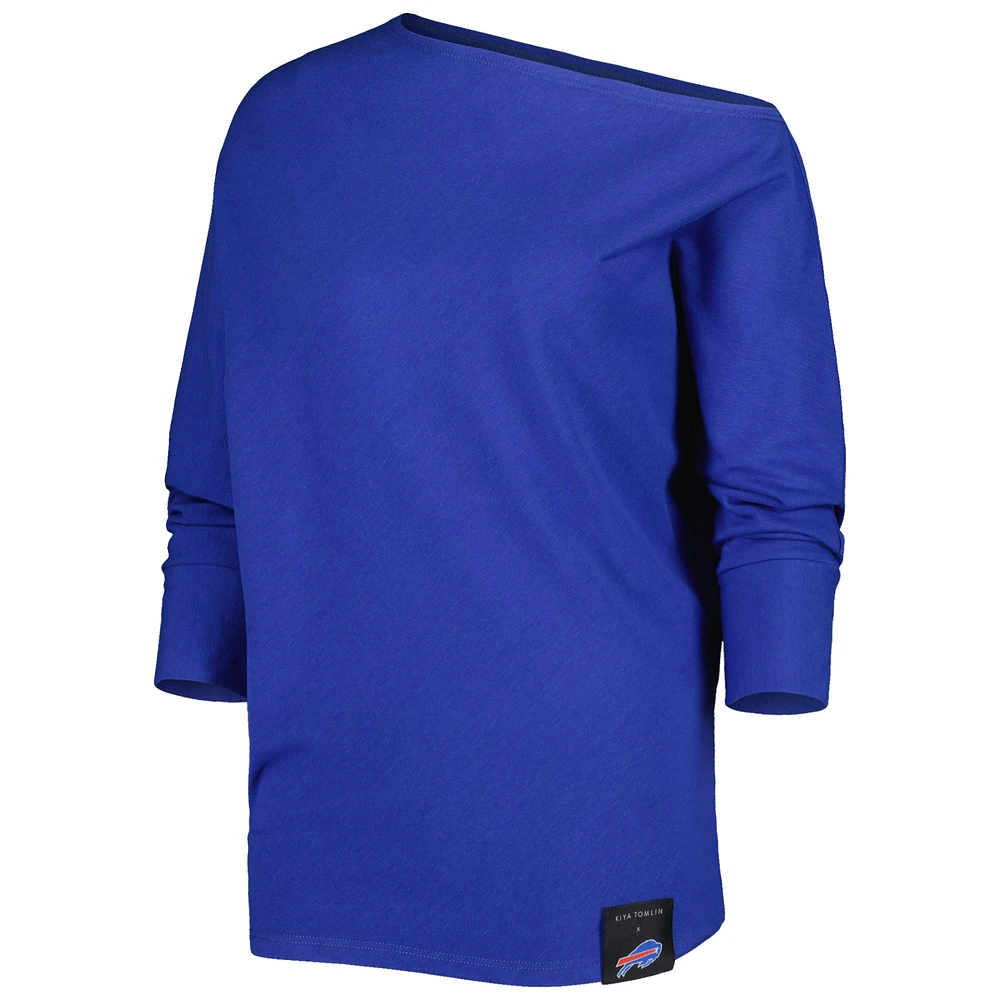 Women's KIYA TOMLIN Royal Buffalo Bills Twisted Tri-Blend Asymmetrical 3/4-Dolman Sleeve Sweatshirt