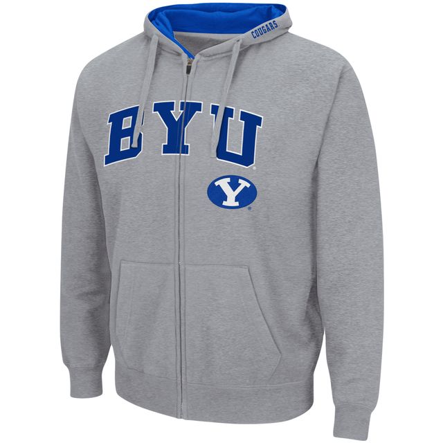 Sweat à capuche zippé complet Colosseum gris chiné BYU Cougars Arch & Logo pour homme
