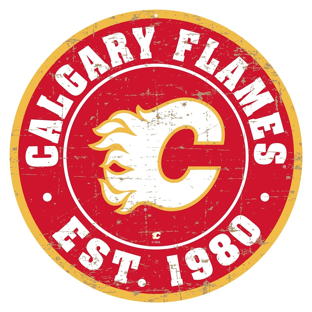Flames de Calgary - Enseigne murale ronde vieillie 12''