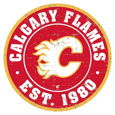 Flames de Calgary - Enseigne murale ronde vieillie 12''