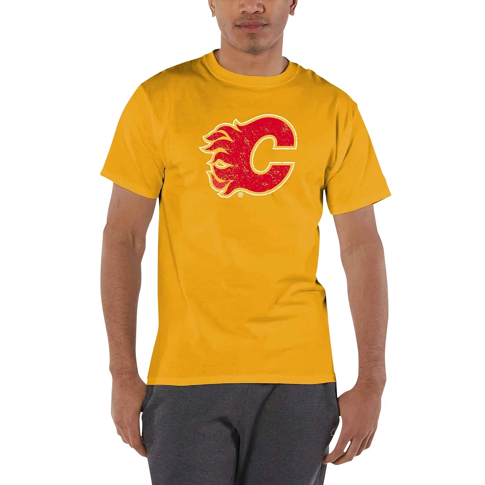 Men's Champion Gold Calgary Flames Distressed Jersey T-Shirt