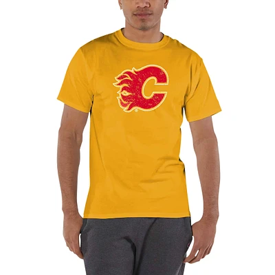 Men's Champion Gold Calgary Flames Distressed Jersey T-Shirt