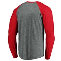 Men's Fanatics Heathered Gray/Heathered Red Calgary Flames Team - Tri-Blend Raglan Long Sleeve T-Shirt