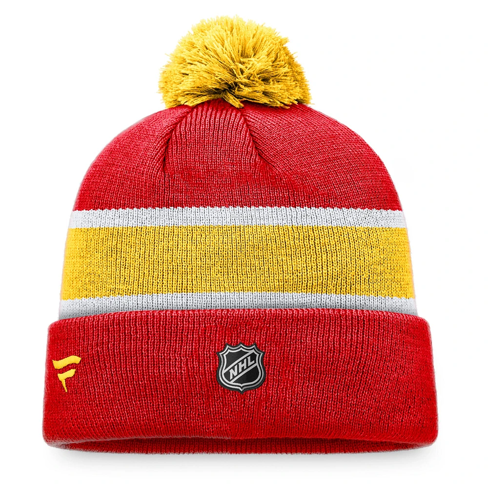 Men's Fanatics Red/Yellow Calgary Flames Breakaway Cuffed Knit Hat with Pom
