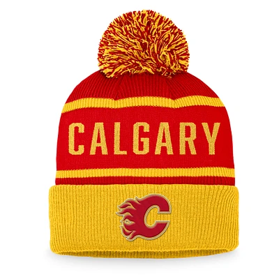 Men's Fanatics Red/Yellow Calgary Flames Heritage Vintage Cuffed Knit Hat with Pom