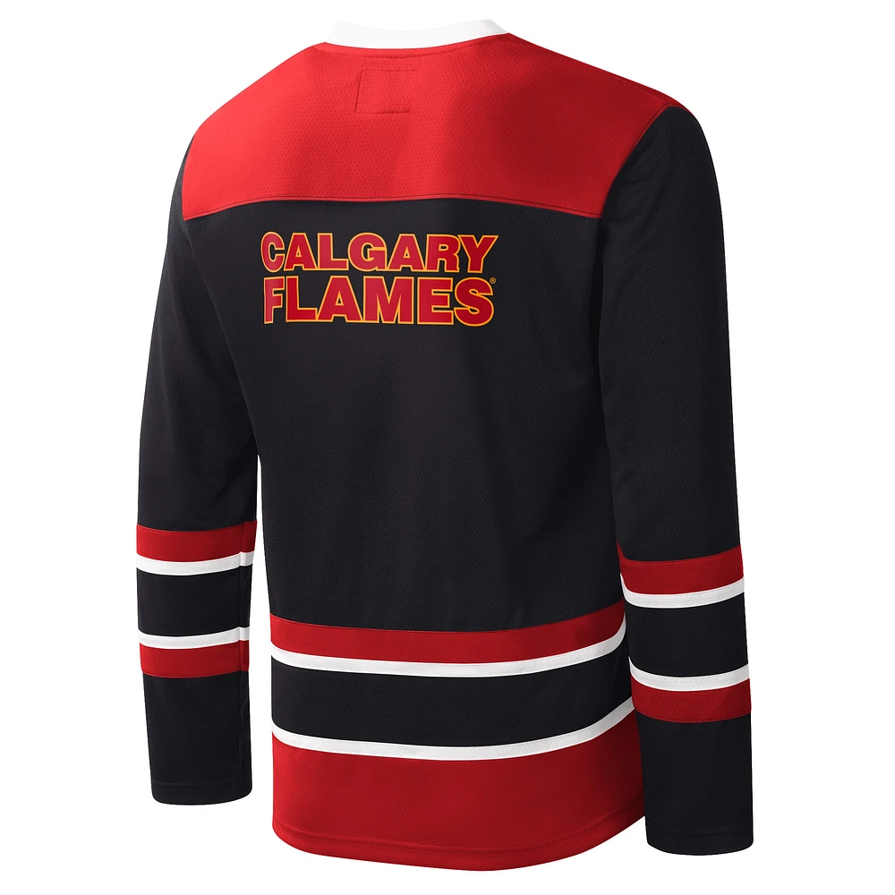 Men's Starter Black Calgary Flames Cross-Check V-Neck - Long Sleeve T-Shirt