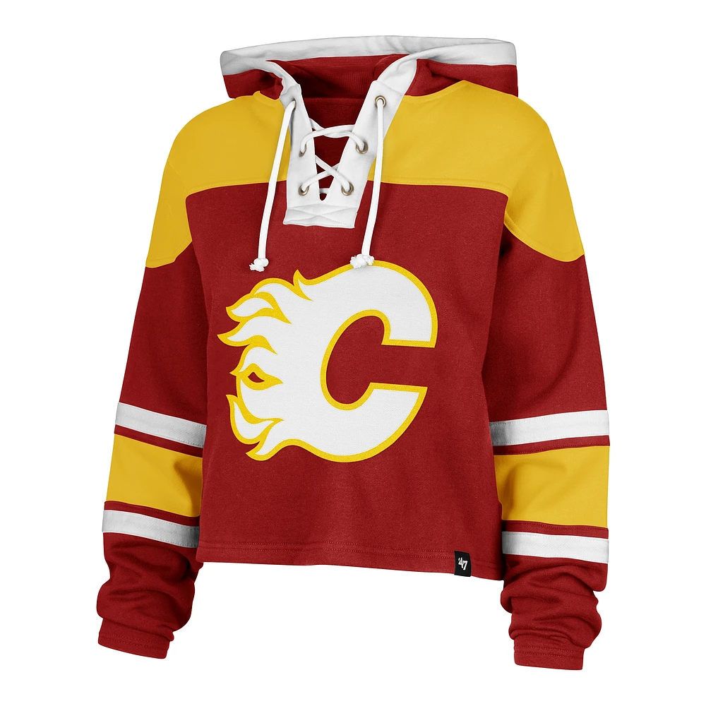 Women's '47 Red Calgary Flames Cropped Superior Lacer Pullover Hoodie