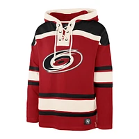 Men's '47 Sebastian Aho Red Carolina Hurricanes Player Name & Number Lacer Pullover Hoodie
