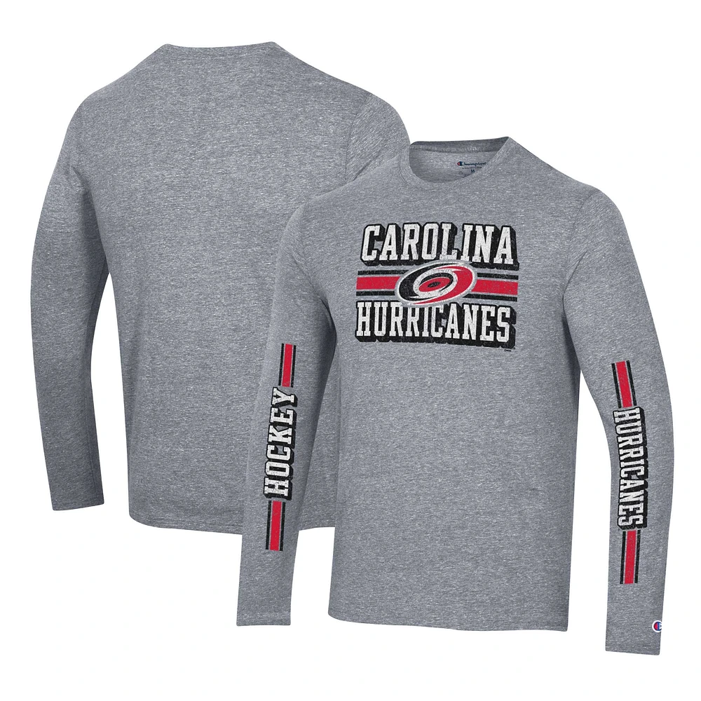 Men's Champion Heather Gray Carolina Hurricanes Tri-Blend Dual-Stripe Long Sleeve T-Shirt