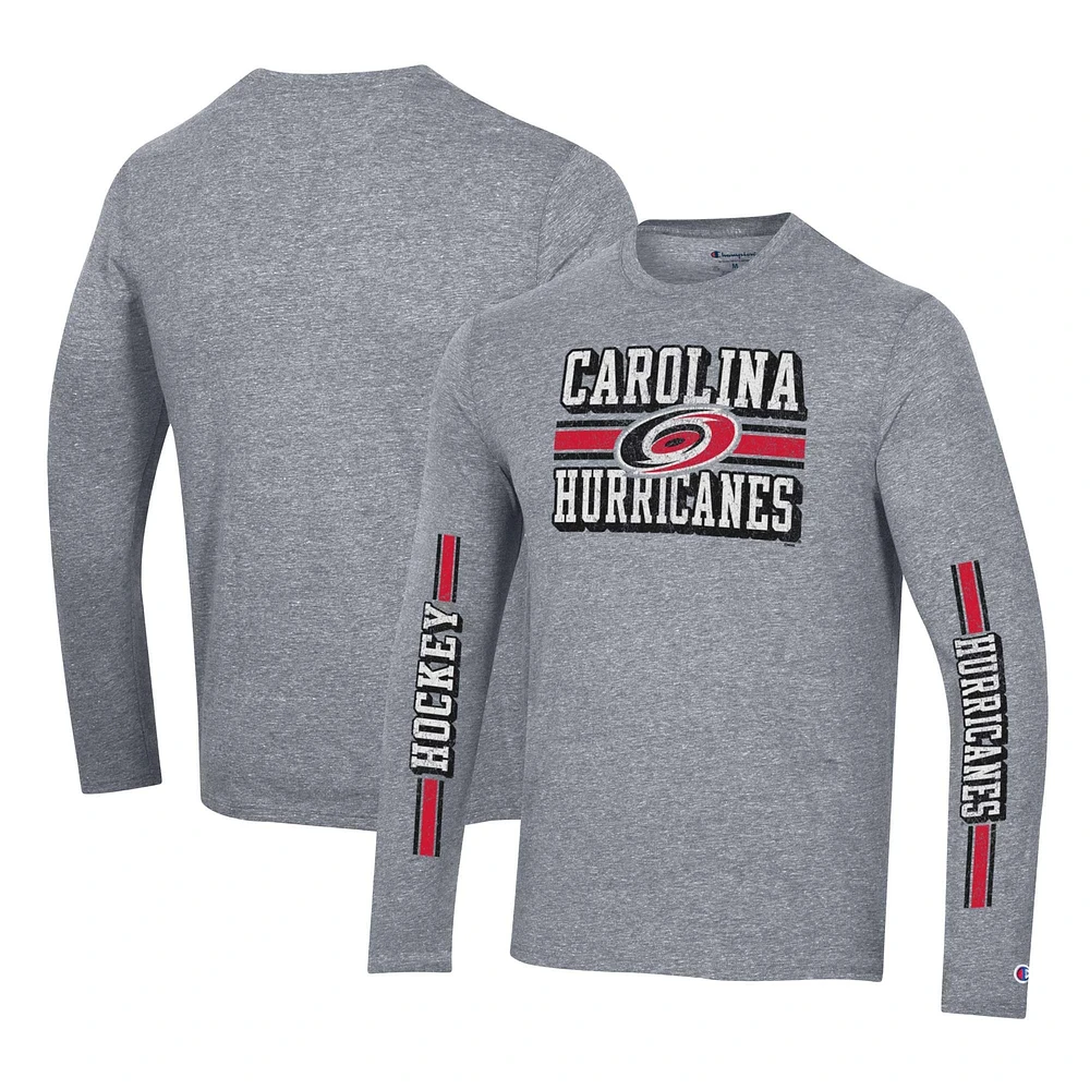 Men's Champion Heather Gray Carolina Hurricanes Tri-Blend Dual-Stripe Long Sleeve T-Shirt