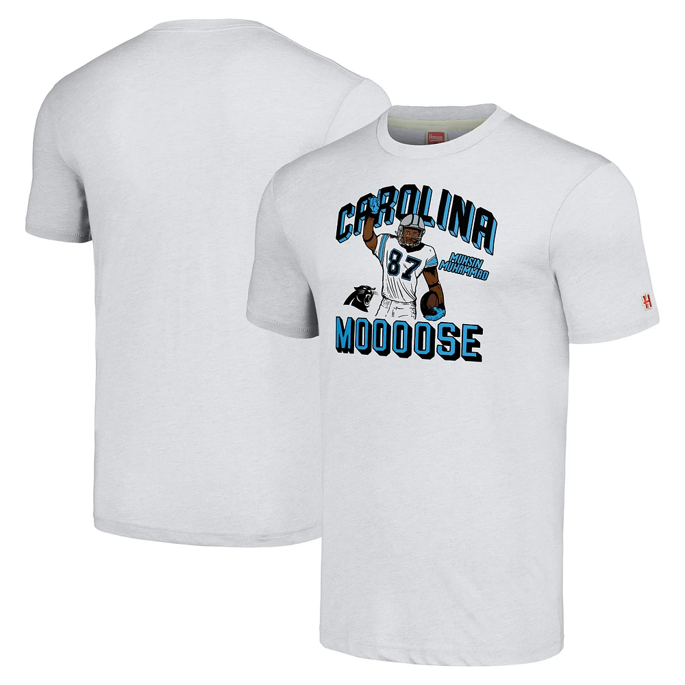 Men's Homage  Muhsin Muhammad Heathered Ash Carolina Panthers Caricature Retired Player Tri-Blend T-Shirt
