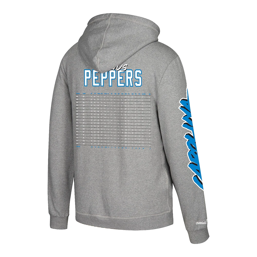Sweat à capuche avec nom et numéro des Carolina Panthers Mitchell & Ness Julius Peppers Heather Grey pour hommes