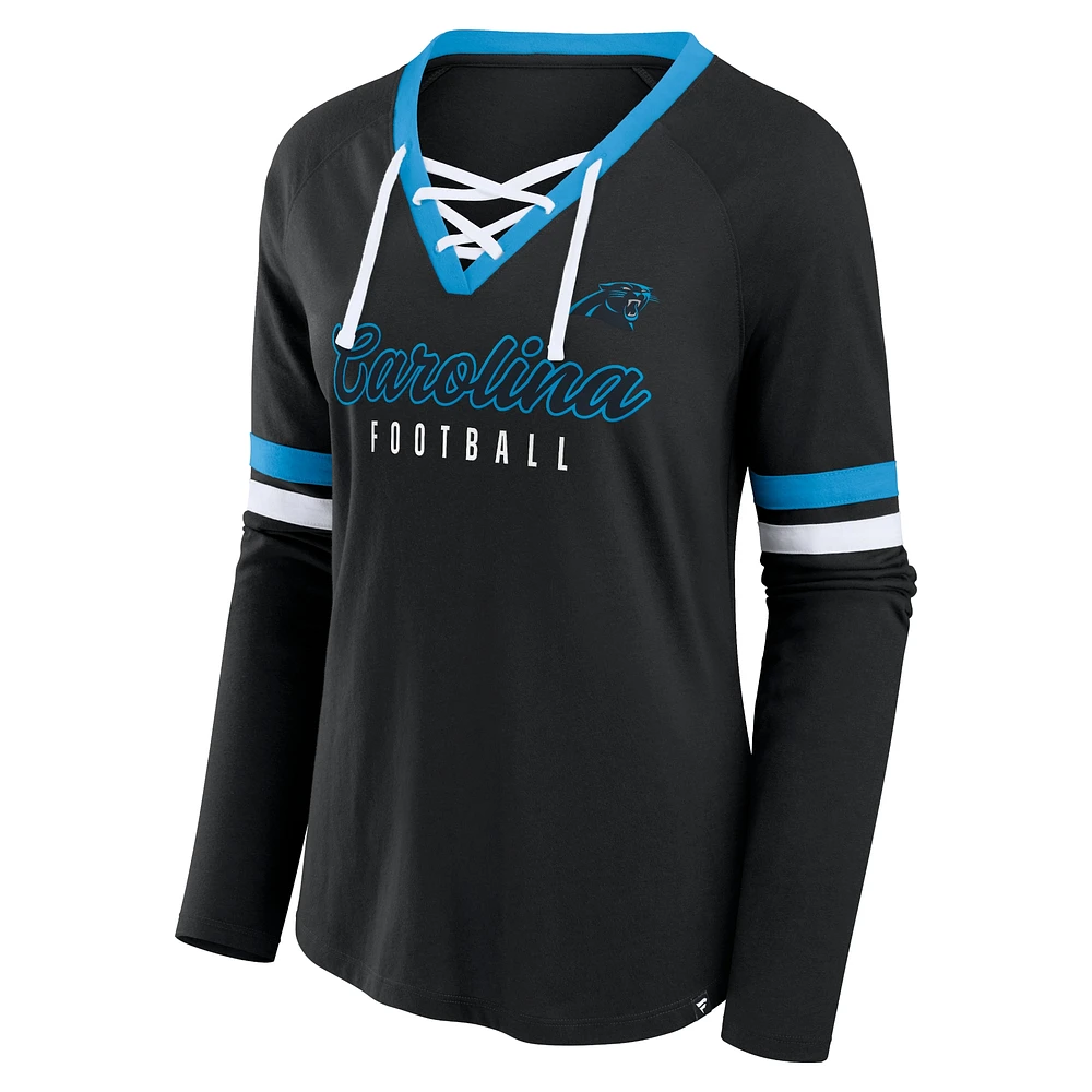 Women's Fanatics Black Carolina Panthers Won and Done Lace-Up Long Sleeve Fashion Top