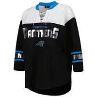 Women's G-III 4Her by Carl Banks Black/White Carolina Panthers Double Team 3/4-Sleeve Lace-Up T-Shirt