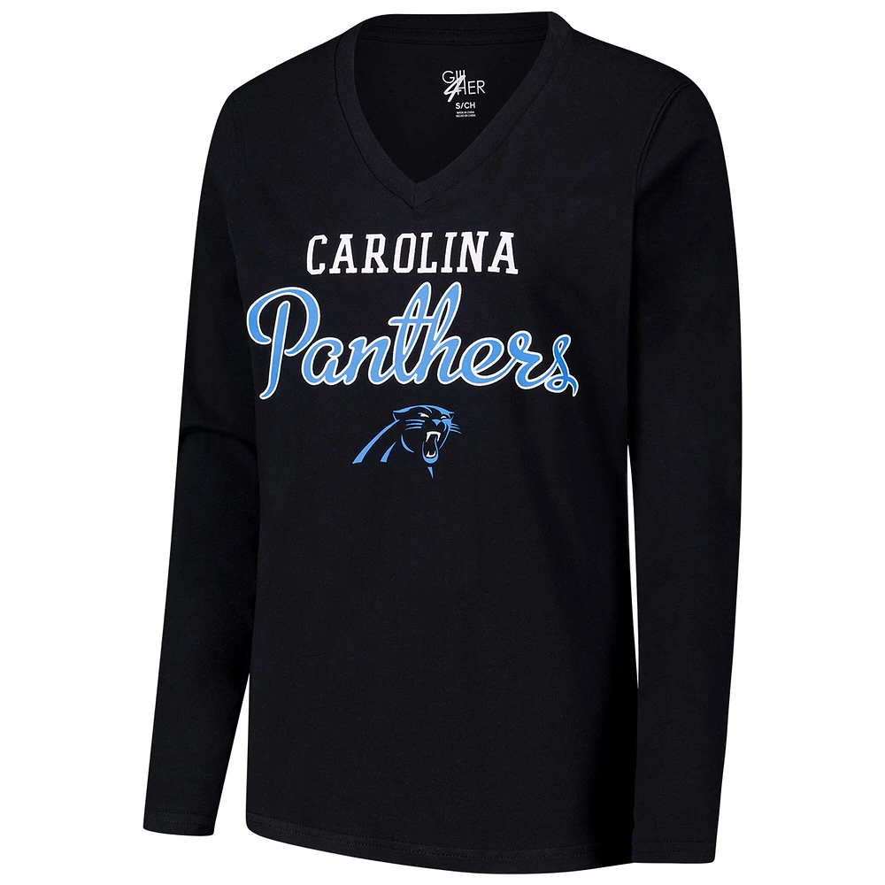 Women's G-III 4Her by Carl Banks Black Carolina Panthers Post Season Long Sleeve V-Neck T-Shirt