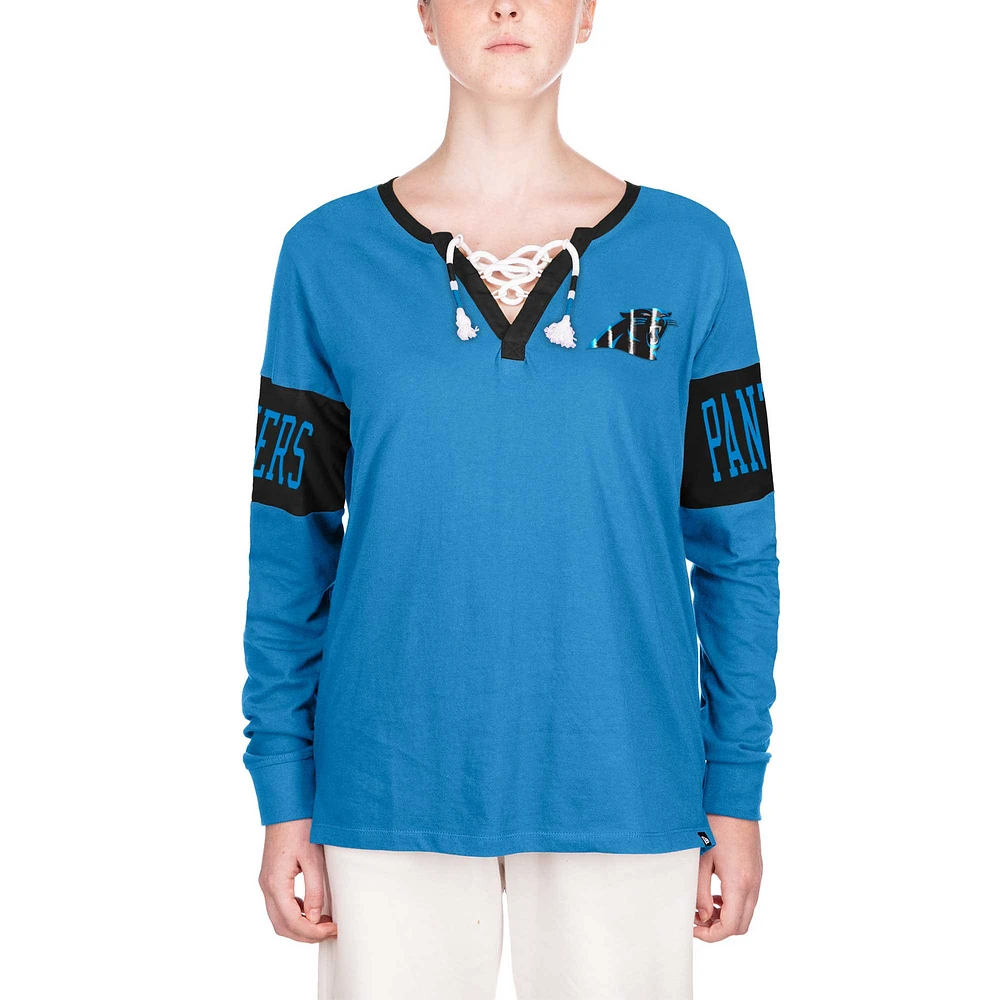 Women's New Era Blue Carolina Panthers Lace-Up Notch Neck Long Sleeve T-Shirt
