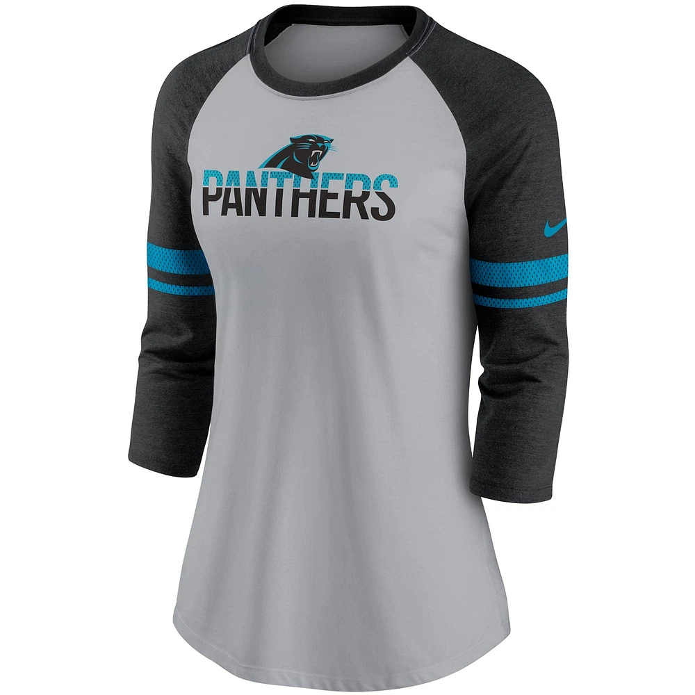 Women's Nike Heathered Gray/Black Carolina Panthers Stripe Mesh Nickname Tri-Blend 3/4-Sleeve T-Shirt