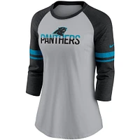 Women's Nike Heathered Gray/Black Carolina Panthers Stripe Mesh Nickname Tri-Blend 3/4-Sleeve T-Shirt