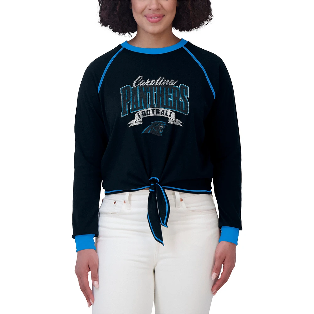 Women's WEAR by Erin Andrews Black/Blue Carolina Panthers Tie-Front Long Sleeve Top