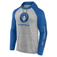 Men's Fanatics Heather Gray/Blue CF Montreal Deflection Raglan Pullover Hoodie