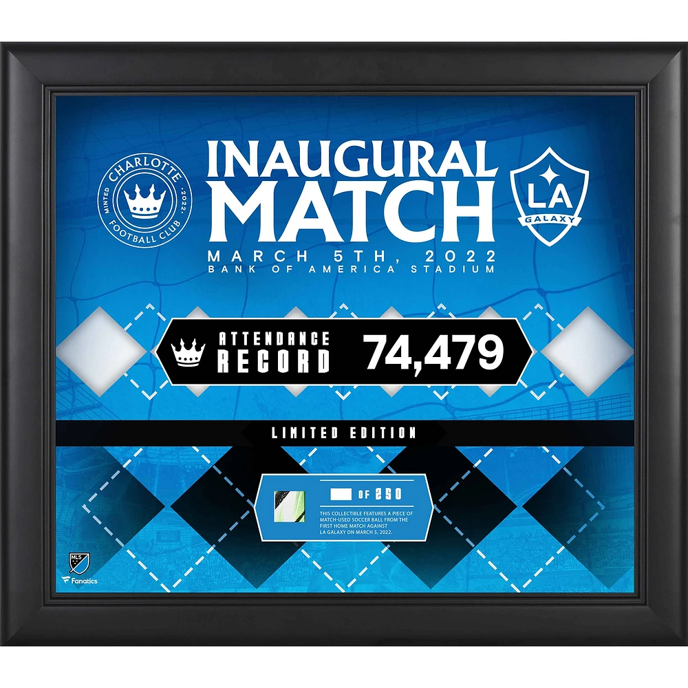 Collage encadré Charlotte FC 15" x 17" 2022 Inaugural Home Match vs. LA Galaxy Version 2 avec un morceau de ballon de football utilisé lors du match - Édition limitée à 250