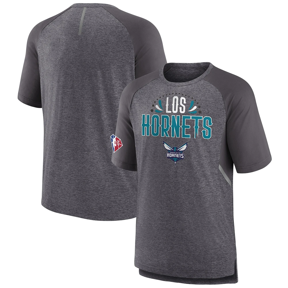 Men's Fanatics Heathered Gray Charlotte Hornets 2022 Noches Ene-Be-A Core Shooting Raglan T-Shirt