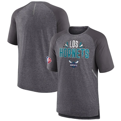 Men's Fanatics Heathered Gray Charlotte Hornets 2022 Noches Ene-Be-A Core Shooting Raglan T-Shirt