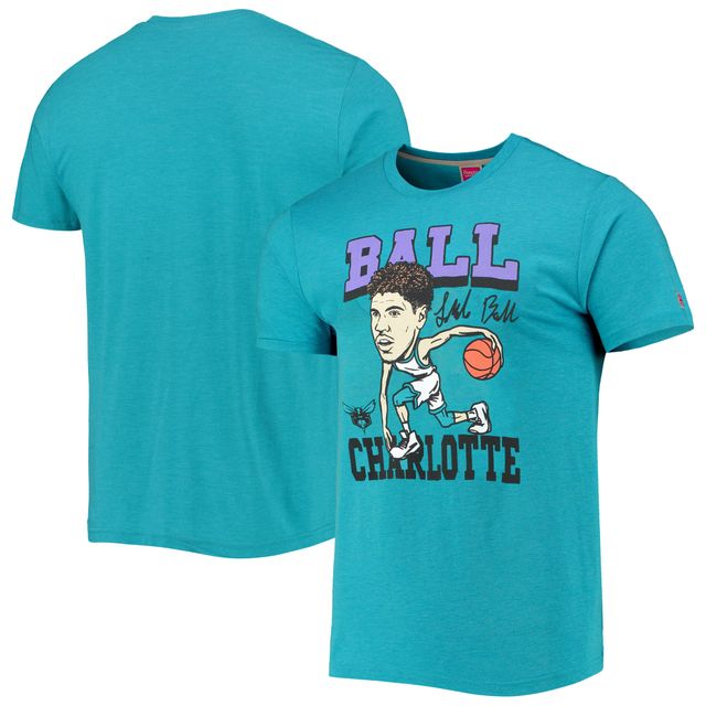 Hommage LaMelo Ball T-shirt trois mélanges Caricature Charlotte Hornets bleu sarcelle chiné pour homme