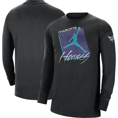 T-shirt à manches longues Jordan Brand pour homme Charlotte Hornets Courtside Max 90 Vintage Wash Statement Edition noir