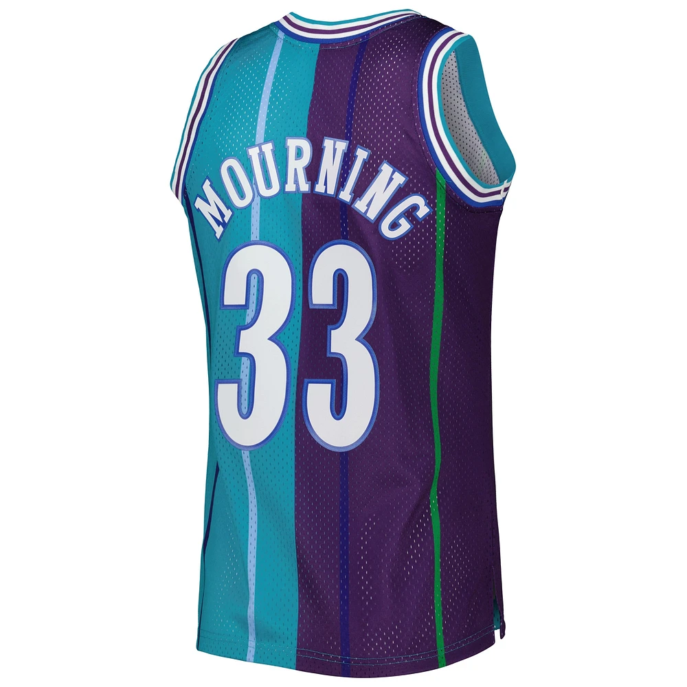 Men's Mitchell & Ness Alonzo Mourning Teal/Purple Charlotte Hornets Hardwood Classics 1992/93 Split Swingman Jersey