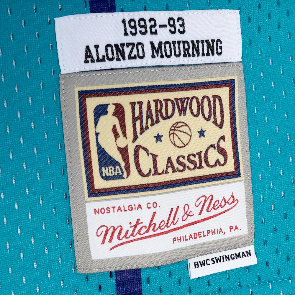 Men's Mitchell & Ness Alonzo Mourning Teal/Purple Charlotte Hornets Hardwood Classics 1992/93 Split Swingman Jersey