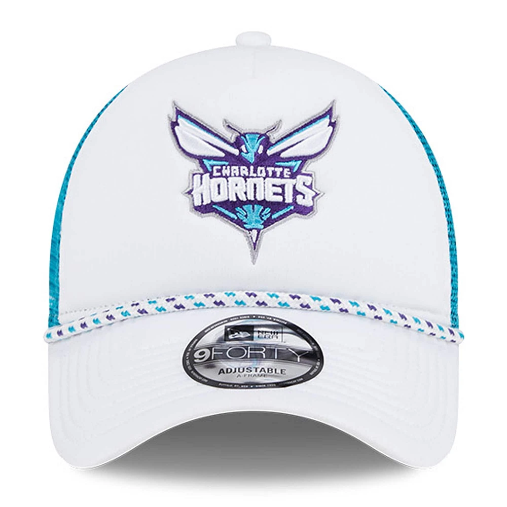 Men's New Era White/Teal Charlotte Hornets Court Sport Foam A-Frame 9FORTY Adjustable Trucker Hat