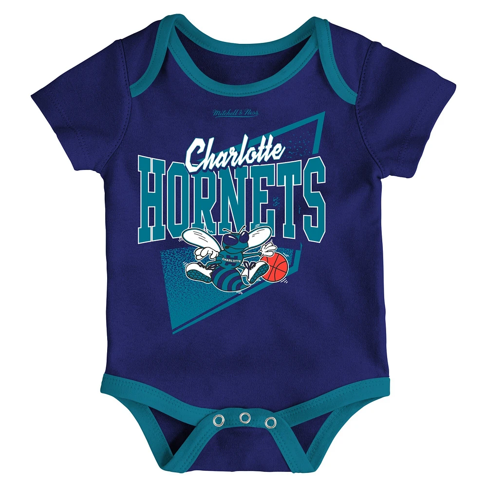 Newborn & Infant Mitchell Ness Purple/Teal Charlotte Hornets 3-Piece Hardwood Classics Bodysuits Cuffed Knit Hat Set