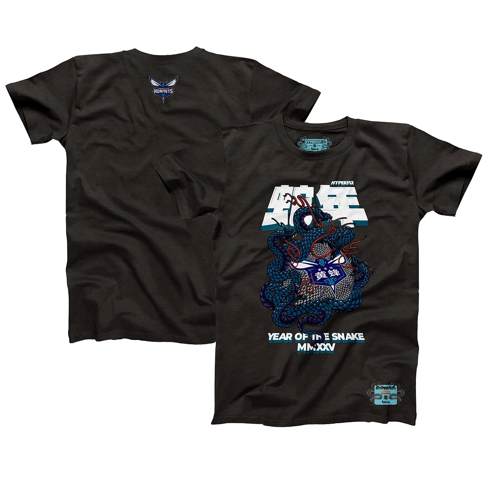 T-shirt unisexe NBALab x Hyperfly Heather Black Charlotte Hornets de la collection Année du serpent Nouvel An lunaire