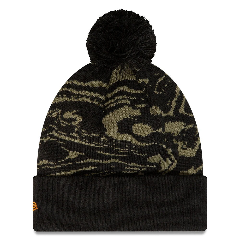Men's New Era Black Chelsea Allover Print Cuffed Knit Hat with Pom