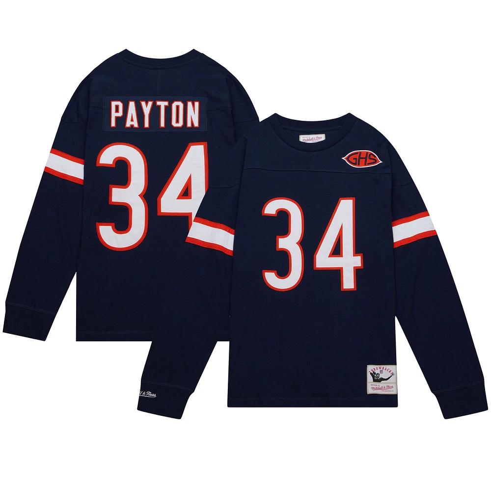 Haut à manches longues Mitchell & Ness Walter Payton bleu marine pour homme avec nom et numéro de joueur la retraite des Chicago Bears
