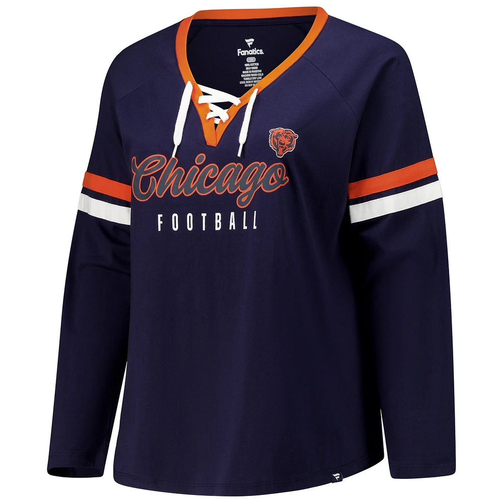 Women's Fanatics Navy Chicago Bears Plus Won & Done Lace-Up V-Neck Long Sleeve T-Shirt