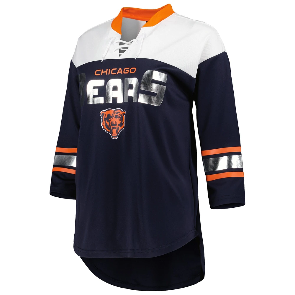 Women's G-III 4Her by Carl Banks Navy/White Chicago Bears Double Team 3/4-Sleeve Lace-Up T-Shirt