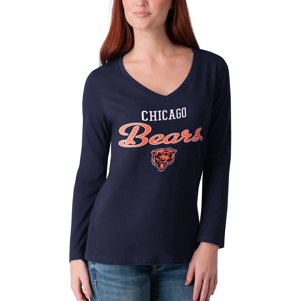 Women's G-III 4Her by Carl Banks Navy Chicago Bears Post Season Long Sleeve V-Neck T-Shirt