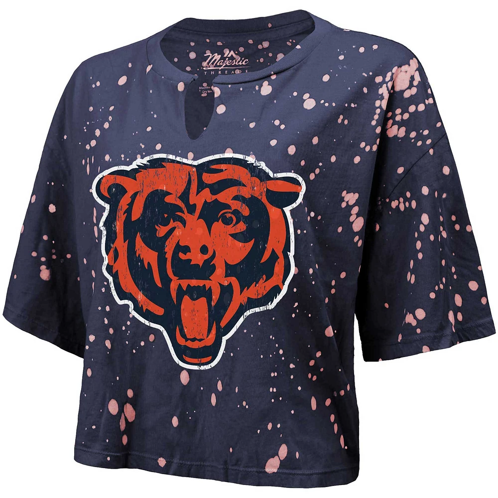Women's Majestic Threads Navy Chicago Bears Bleach Splatter Notch Neck Crop T-Shirt