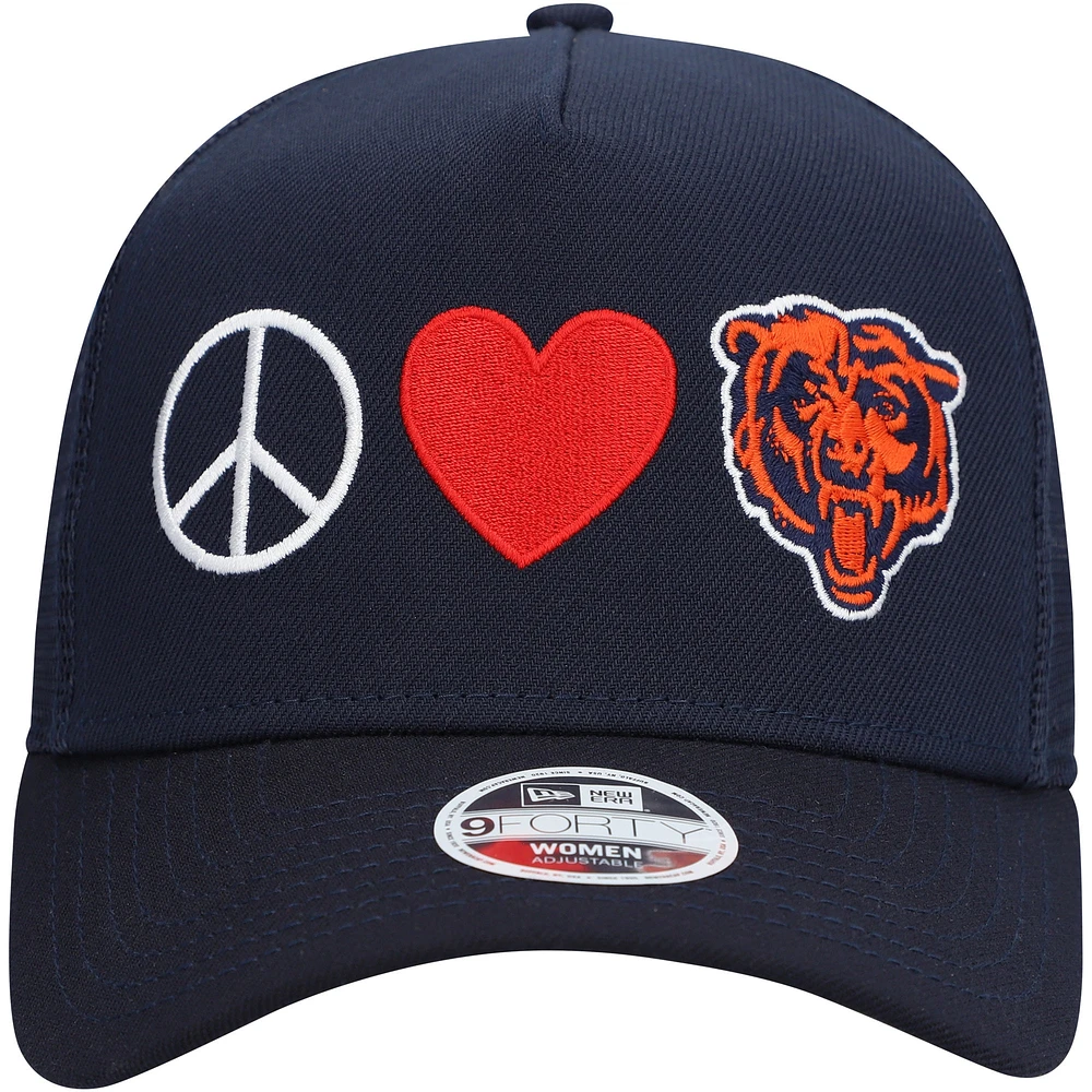 Women's New Era Navy Chicago Bears Peace & Love Trucker 9FORTY Adjustable Hat